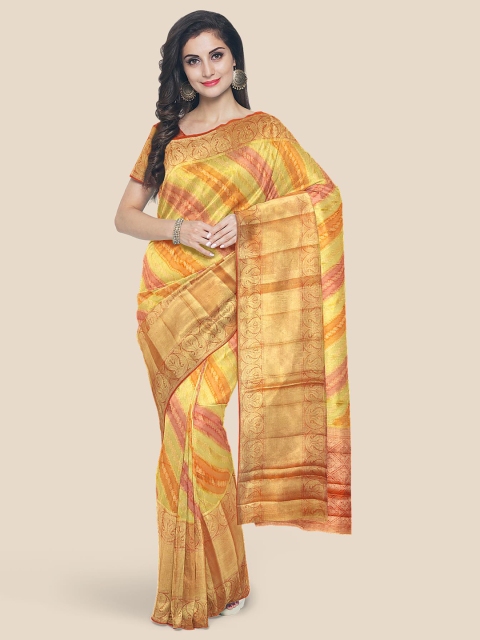 

KLM Fashion Mall Yellow & Lime Green Striped Zari Silk Blend Banarasi Saree