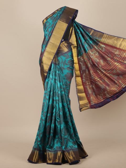 

Pothys Teal & Gold-Toned Ethnic Motifs Zari Jute Silk Saree