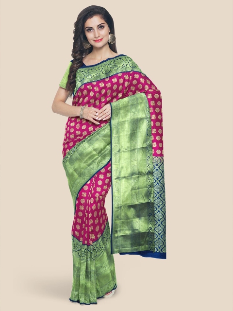 

KLM Fashion Mall Pink & Green Woven Design Silk Blend Kanjeevaram Saree