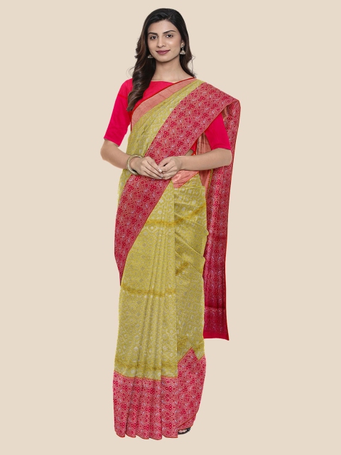 

KLM Fashion Mall Yellow & Pink Woven Design Chanderi Saree