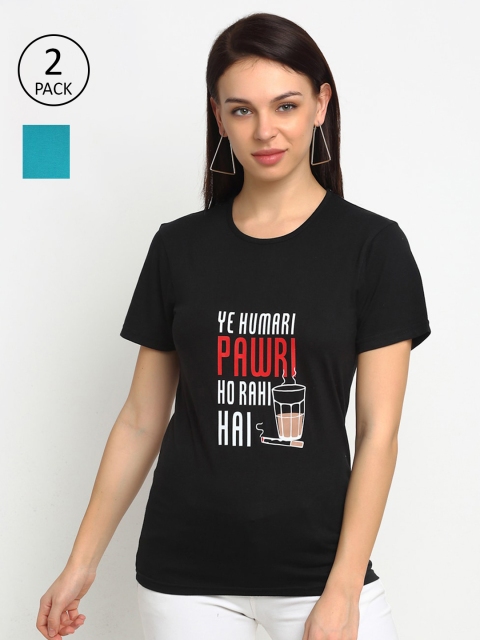 

VIMAL JONNEY Women Black Typography T-shirt - Pack of 2