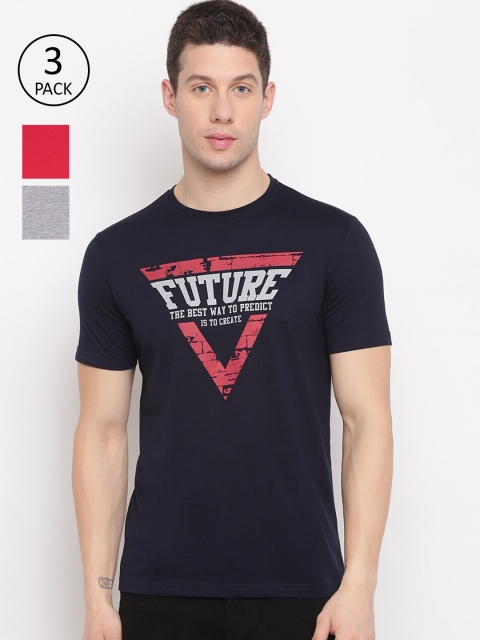 

Richlook Men Pack of 3 Navy Blue & Red & Grey Printed T-shirt