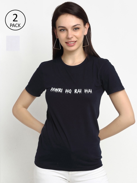 

VIMAL JONNEY Women Cotton Navy Blue & White Typography Printed T shirt Pack Of 2