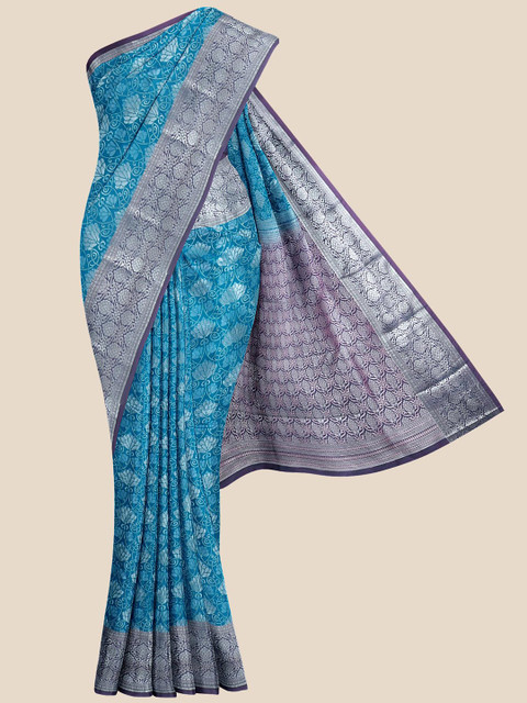 

Kalamandir Blue & Silver-Toned Floral Zari Silk Blend Kanjeevaram Saree