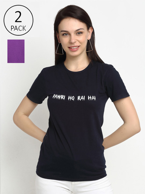 

VIMAL JONNEY Women Pack Of 2 Navy Blue & Purple Typography Printed T-shirt