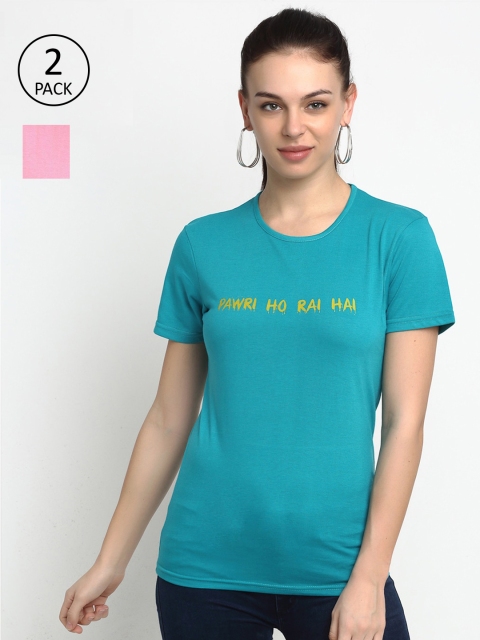 

VIMAL JONNEY Women Pack Of 2 Teal Blue & Pink Typography Printed T-shirt