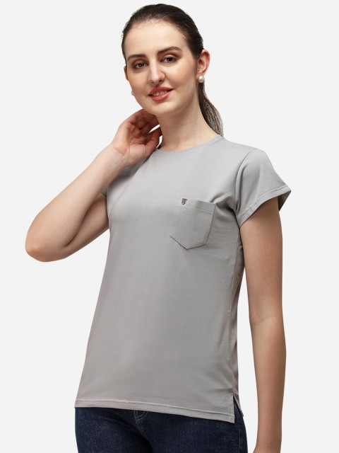 

OM SAI LATEST CREATION Grey Solid Lycra Patch pocket design Round Neck Casual Top