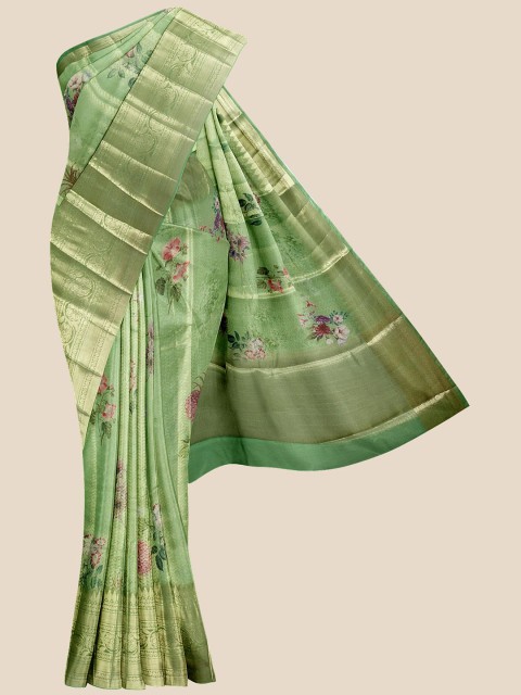 

Kalamandir Green Floral Zari Silk Blend Banarasi Saree