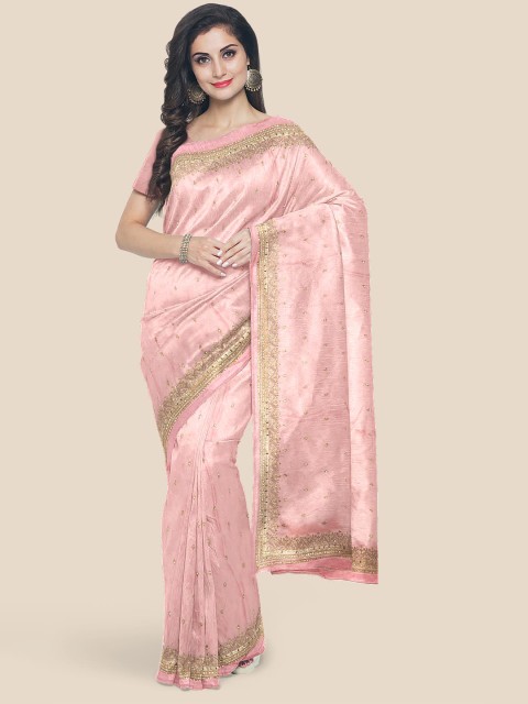 

Kalamandir Pink & Gold-Toned Ethnic Motifs Beads and Stones Heavy Work Saree