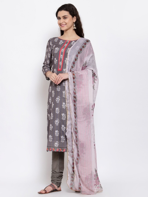 

Me Lady Fashion Grey & Red Embroidered Semi-Stitched Dress Material