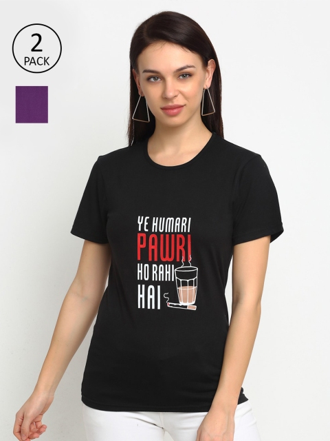 

VIMAL JONNEY Set Of 2 Women Purple & Black Typography Printed Applique T-shirt