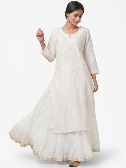 

Fabindia Women Off White Embroidered Thread Work Anarkali Kurta