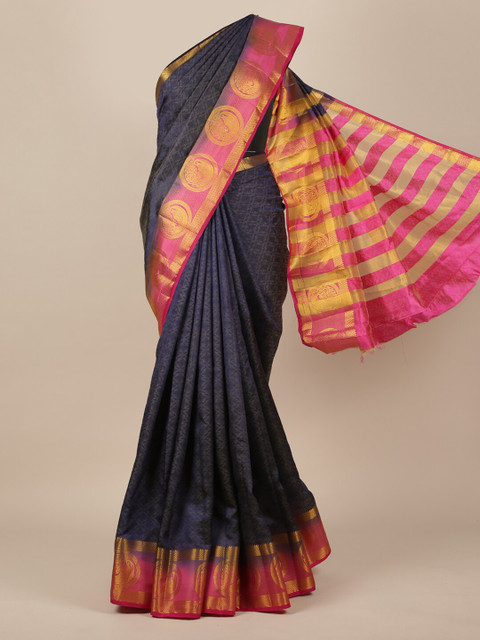 

Pothys Navy Blue & Pink Ethnic Motifs Zari Jute Silk Saree