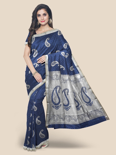 

KLM Fashion Mall Navy Blue & Silver-Toned Paisley Zari Silk Blend Kanjeevaram Saree