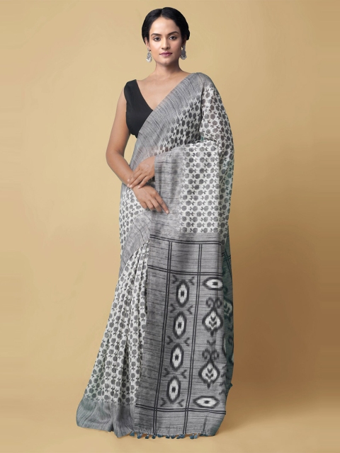 

Unnati Silks Off White & Grey Ethnic Motifs Silk Blend Sambalpuri Saree