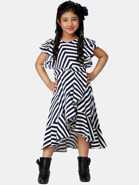 

Peppermint Girls Navy Blue Striped High Low Midi Fit & Flare Dress