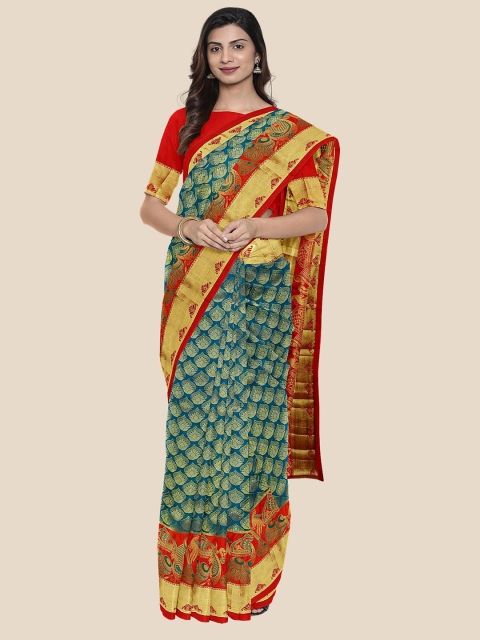 

KLM Fashion Mall Blue & Orange Woven Design Silk Blend Kanjeevaram Saree