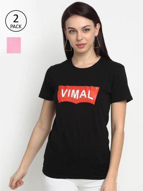 

VIMAL JONNEY Women Pack of 2 Black & Pink Typography Printed T-shirt