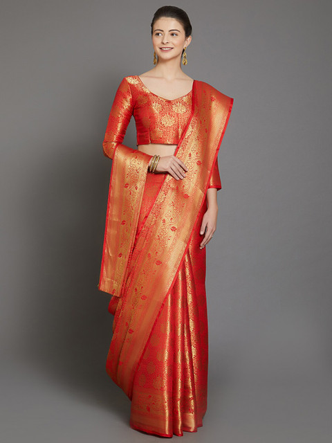 

Mitera Red & Gold-Toned Floral Zari Silk Blend Banarasi Saree