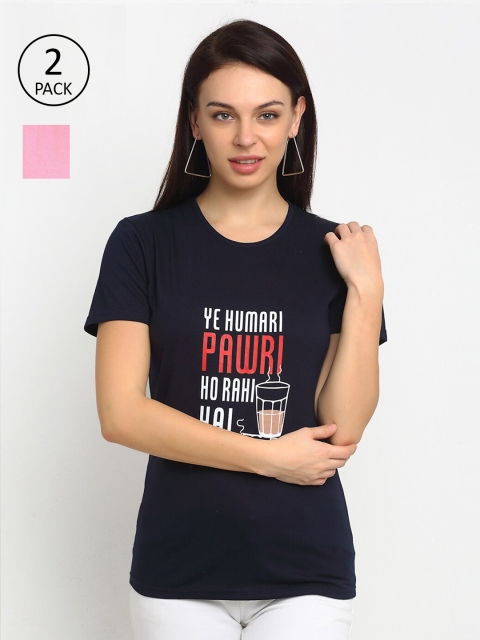 

VIMAL JONNEY Women Set of 2 Navy Blue & Pink Typography Printed T-shirts