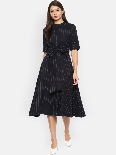 

Van Heusen Woman Navy Blue & White Striped Midi A-line Dress