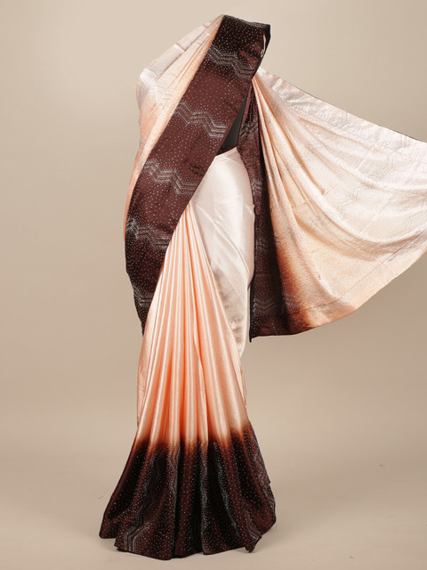 

Pothys Peach & Brown Embellished Beads and Stones Satin Saree