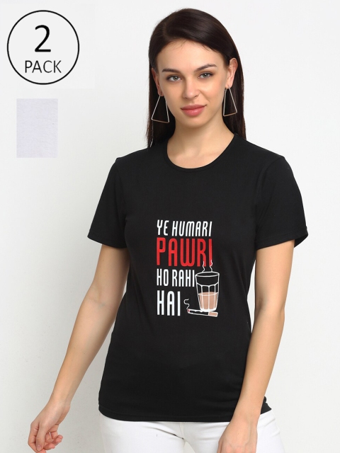 

VIMAL JONNEY Women Pack Of 2 Typography Printed T-shirts, Black