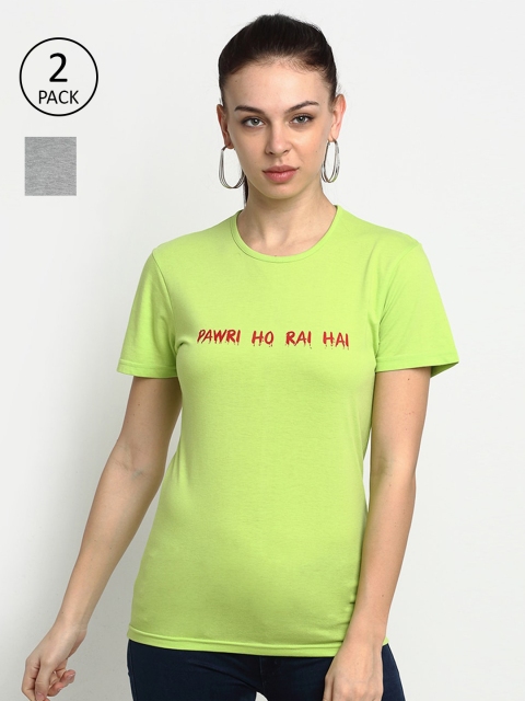 

VIMAL JONNEY Women Set of 2 Green & Grey Typography Printed T-shirts
