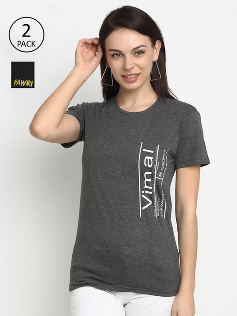 

VIMAL JONNEY Women Set of 2 Grey Melange & Black Typography Printed T-shirts
