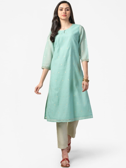 

Fabindia Women Blue Geometric Keyhole Neck Flared Sleeves Kurta
