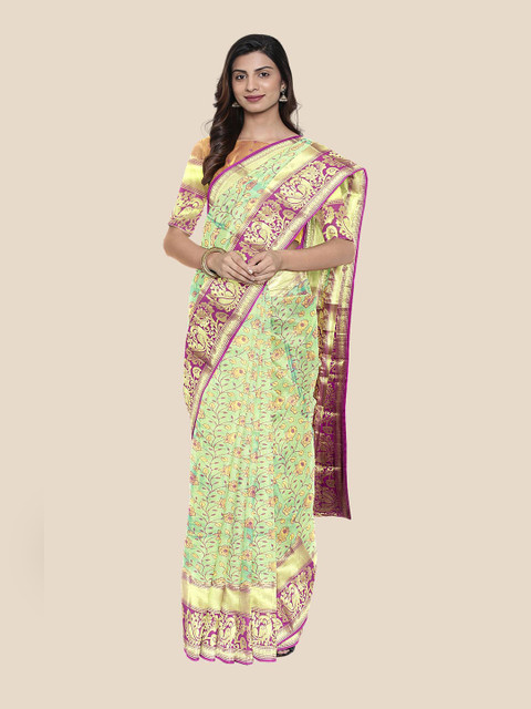 

Kalamandir Sea Green & Purple Woven Design Kashida Silk Blend Kanjeevaram Saree