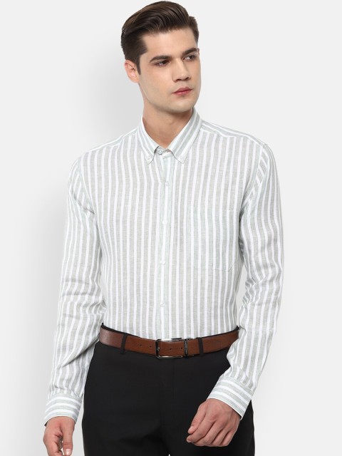 

Louis Philippe Men White & Olive Green Slim Fit Striped Linen Formal Shirt