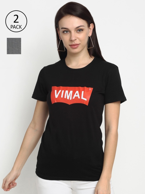 

VIMAL JONNEY Women Pack Of 2 Black & Grey Typography Printed T-shirt