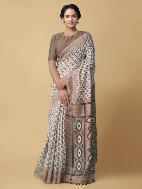 

Unnati Silks Off White & Brown Ethnic Motifs Silk Blend Sambalpuri Saree