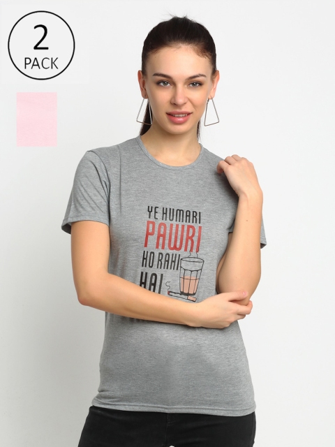 

VIMAL JONNEY Women Grey and Pink Pack of 2 Typography Printed T-shirt