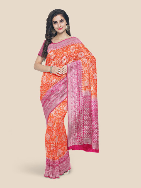 

Kalamandir Orange & Pink Floral Zari Silk Blend Banarasi Saree