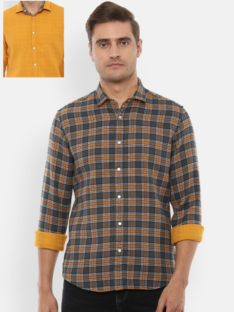 

Louis Philippe Jeans Men Mustard Yellow & Olive Green Reversible Checked Cotton Shirt