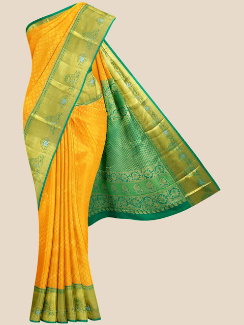 

KLM Fashion Mall Mustard & Gold-Toned Woven Design Silk Blend Kanjeevaram Saree
