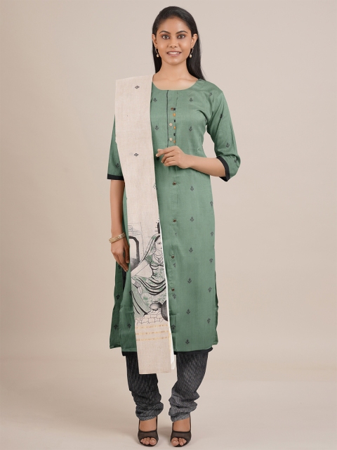 

Pothys Green & Beige Printed Unstitched Dress Material