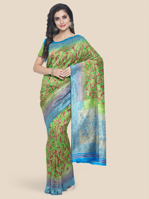

KLM Fashion Mall Green & Turquoise Blue Floral Silk Blend Banarasi Saree