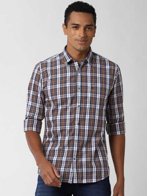 

Peter England Casuals Men Brown & White Pure Cotton Checked Slim Fit Casual Shirt