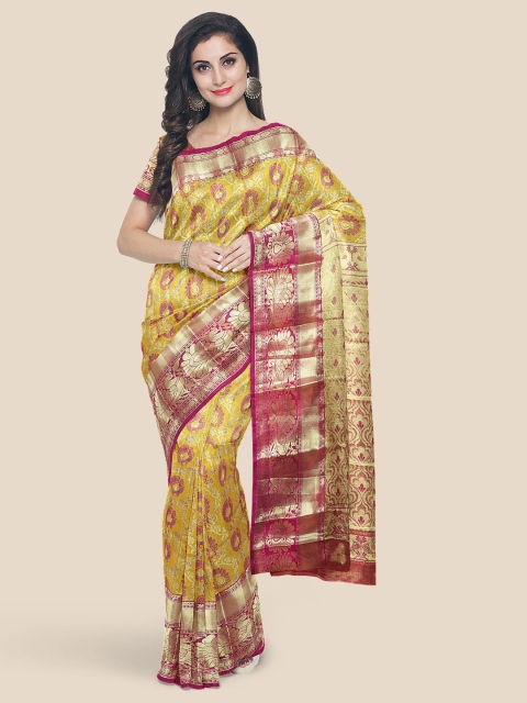 

KLM Fashion Mall Mustard & Pink Woven Design Zari Silk Blend Kanjeevaram Saree