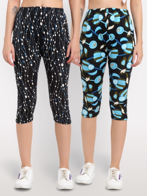 

NEUDIS Women Black & Blue Printed Skinny Fit Capris