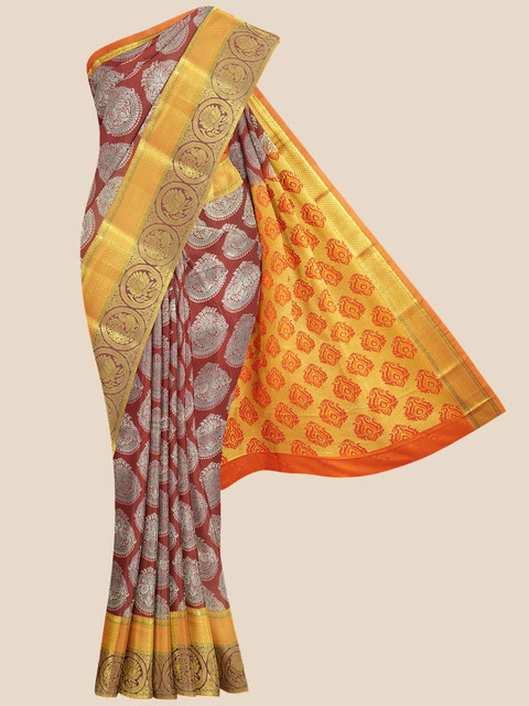 

Kalamandir Maroon & Yellow Woven Design Silk Blend Kanjeevaram Saree