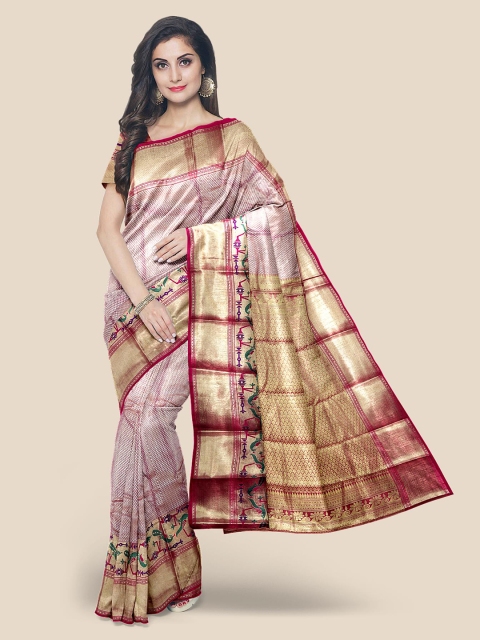 

KLM Fashion Mall Pink & Gold-Toned Ethnic Motifs Zari Silk Blend Kanjeevaram Saree