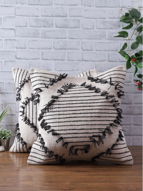 

eyda Off White & Black Set of 2 Embroidered Square Cushion Covers