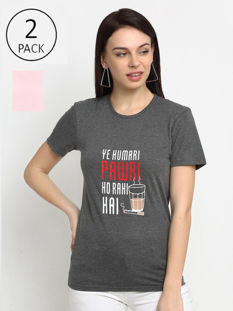 

VIMAL JONNEY Women Pack of 2 Typography Printed Casual T-shirt, Grey