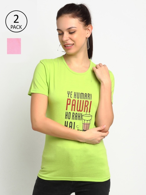 

VIMAL JONNEY Women Green Typography 2 Printed Drop-Shoulder Sleeves T-shirt