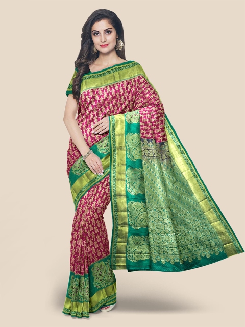 

Kalamandir Pink & Blue Floral Sequinned Silk Blend Half and Half Kanjeevaram Saree