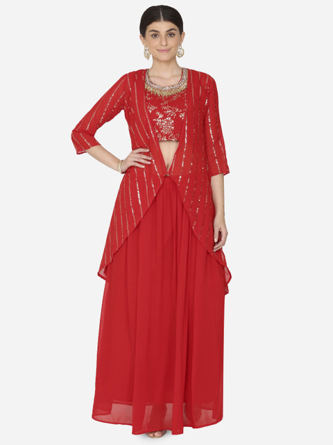 

BOMBAY SELECTIONS Red & Silver-Toned Embellished Ready to Wear Lehenga & Shrug